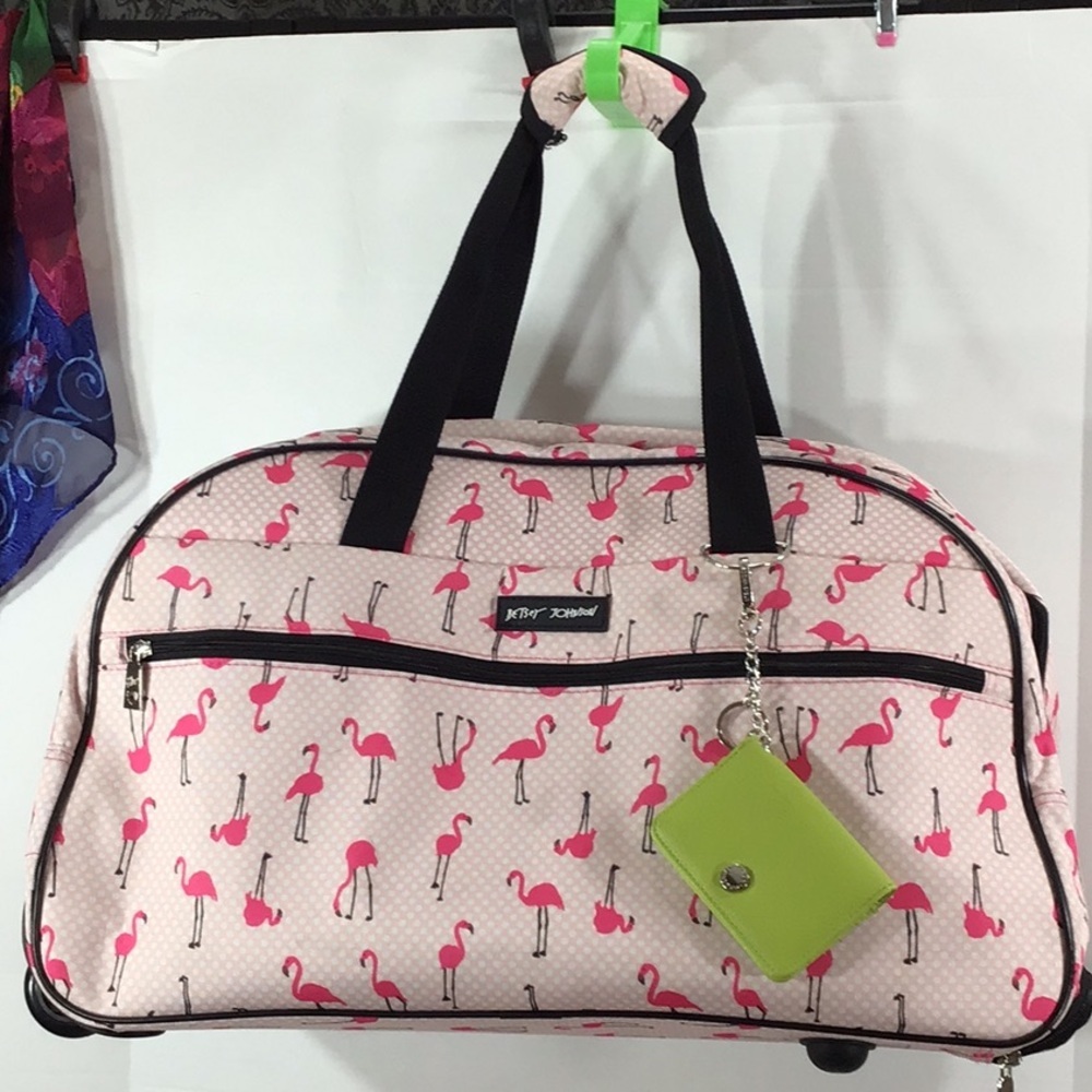 Betsey Johnson FlamingoStrut rolling duffel bag NWOT